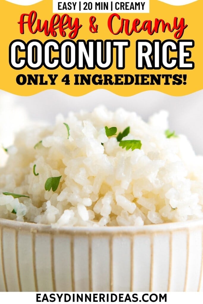 Coconut rice in a a bowl with cilantro on top.