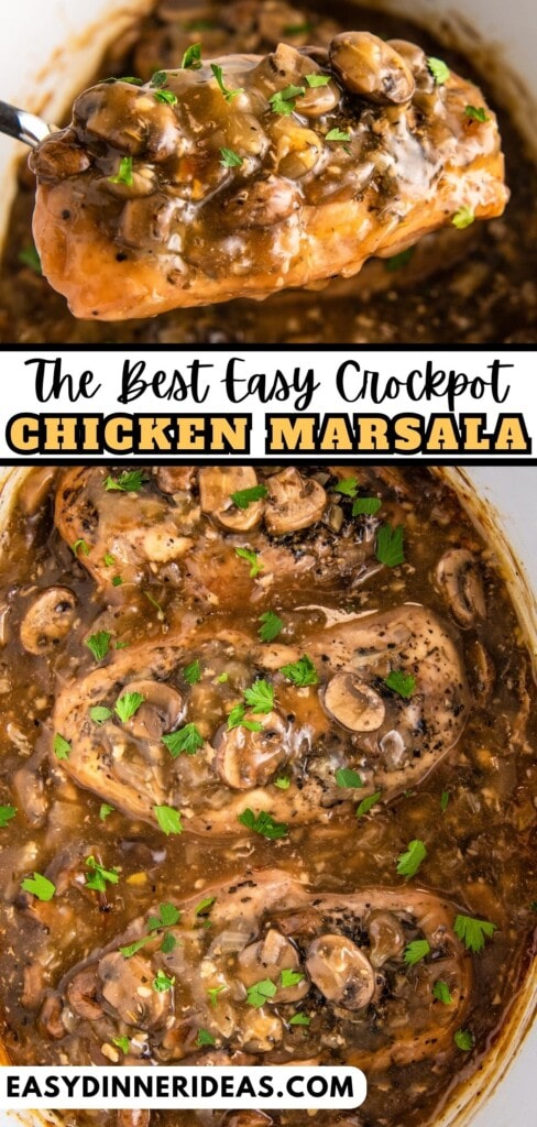 Crock pot Chicken Marsala in a slow cooker and on a serving spoon being lifted out of a crockpot.