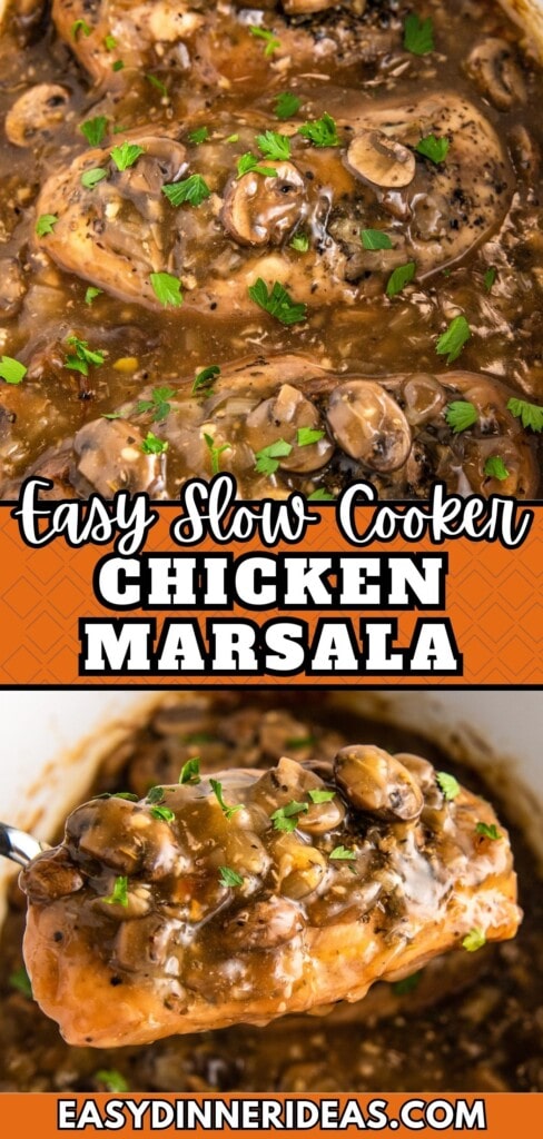 Crockpot Chicken Marsala in a crockpot and a spoon lifting out a piece of chicken with gravy.