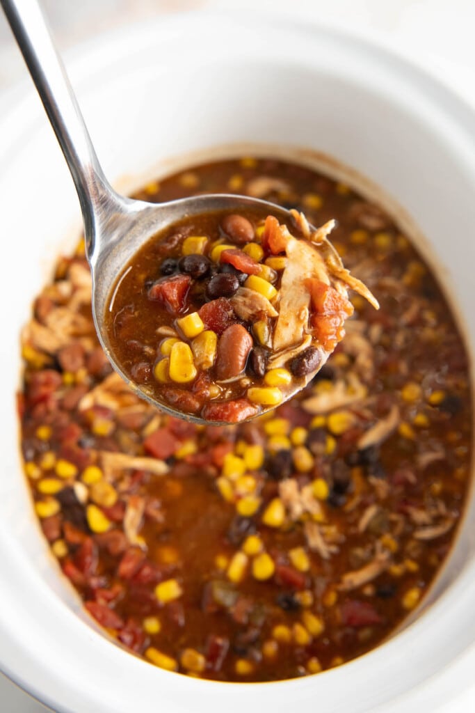 A ladle removing a spoonful of chicken chili from a crockpot.