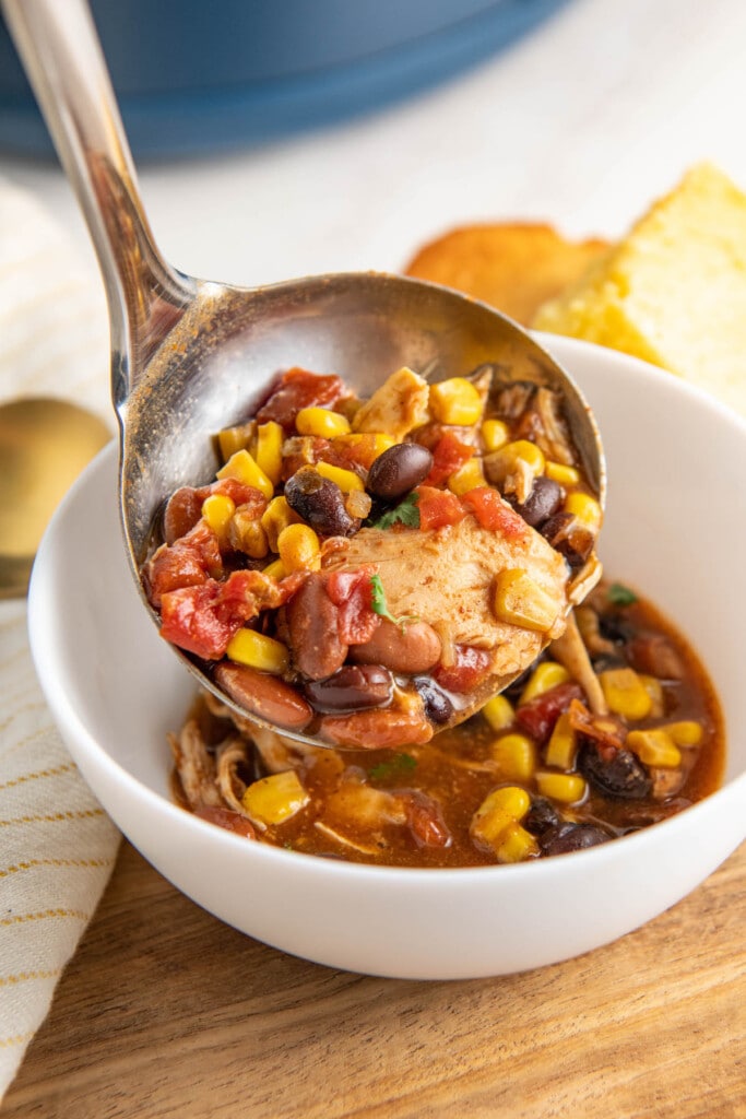 A ladle serving chicken chili into a bowl.