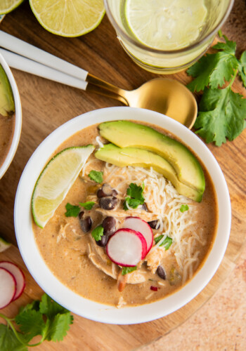 Overhead view of a bowl of slow cooker chicken enchilada soup topped with avocado, radish, cilantro, and lime, next to a spoon and cilantro.
