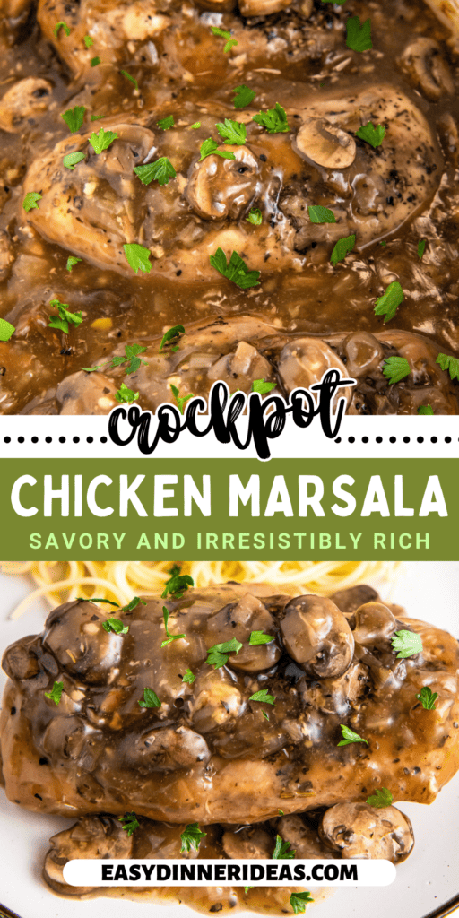 Chicken Marsala in a crockpot and on a plate with fresh herbs on top.