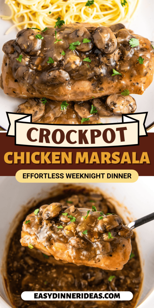 Crockpot Chicken Marsala on a plate with pasta and in a slow cooker.