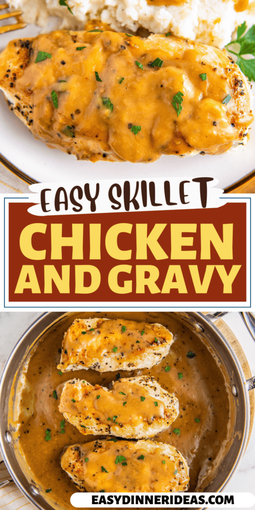 Chicken and gravy in a skillet and on a plate with mashed potatoes.