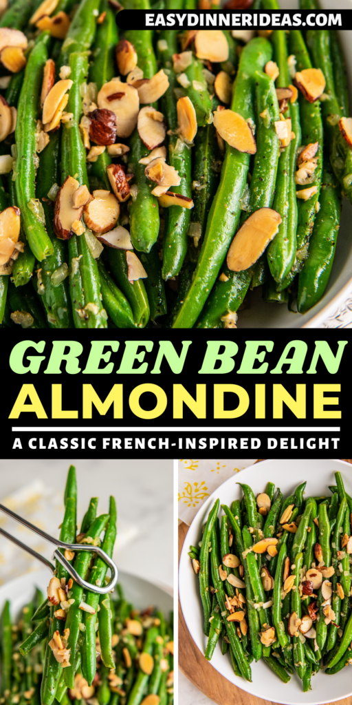 Green Beans Almondine in a bowl and tongs picking up a serving.