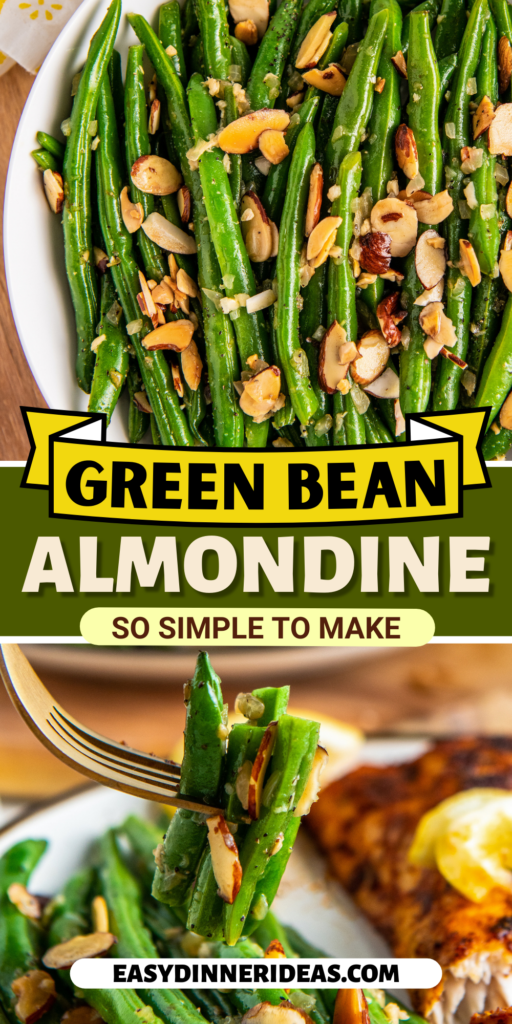 Green beans with almonds on top on a plate and a fork picking up a bite.
