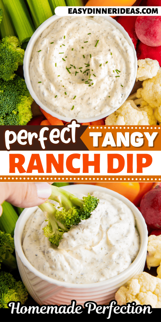 A bowl of ranch dip with a piece of broccoli being dipped in the sauce.