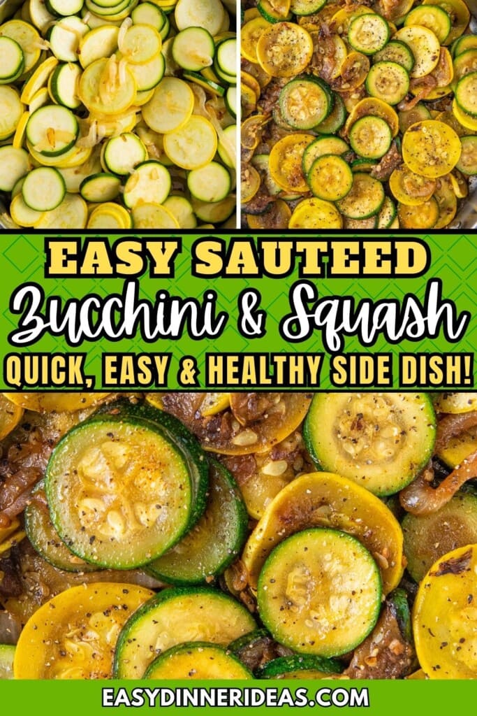 Sautéed Zucchini and Squash before and after cooking in a skillet.