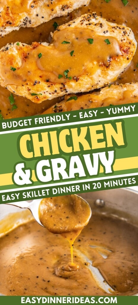 Chicken and Gravy in a skillet with the gravy being scooped up with a spoon.