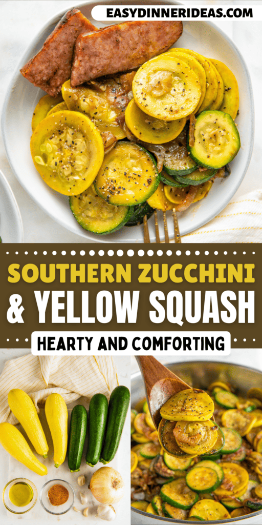 Ingredients in bowls arranged on top of a cutting board and Sautéed Zucchini and Squash in a skillet with a wooden spoon scooping up a serving.