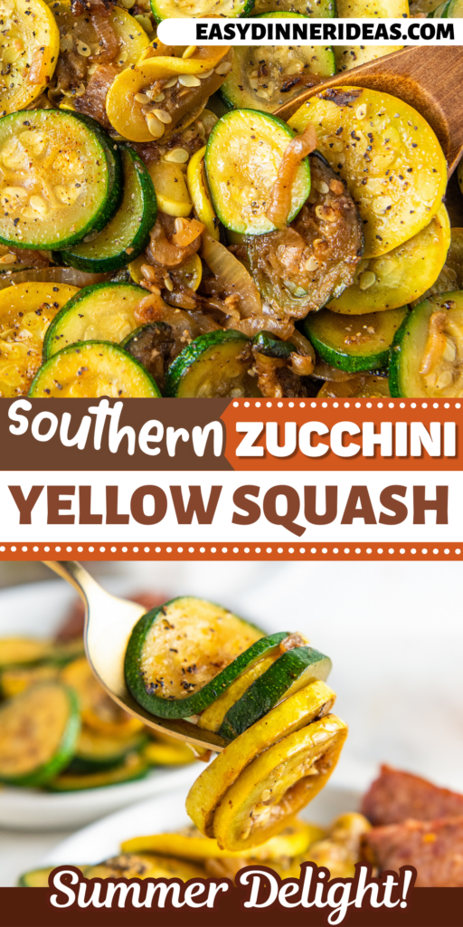 Sautéed Zucchini and Squash in a skillet with a wooden spoon and a fork picking up a bite of zucchini and squash off a plate.
