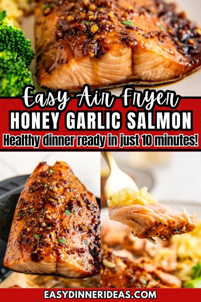 Honey garlic salmon in an air fryer and on a plate with broccoli.