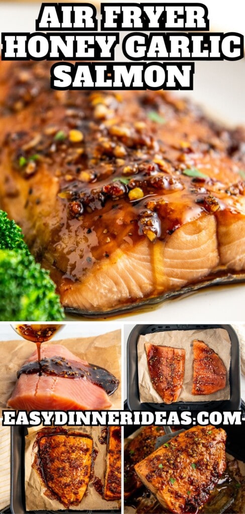 Air fryer honey garlic salmon being cooked in air fryer basket and on a plate with broccoli.
