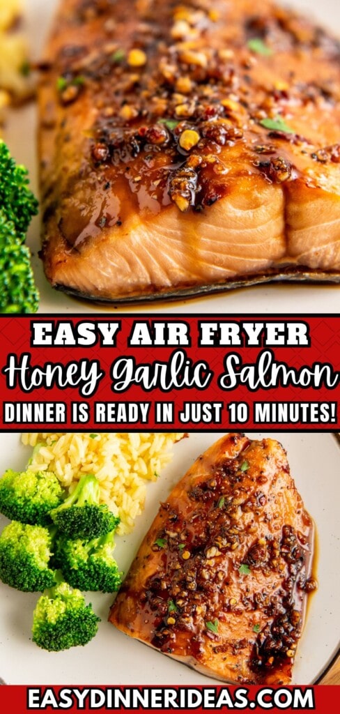 Air fryer salmon on a plate with broccoli.