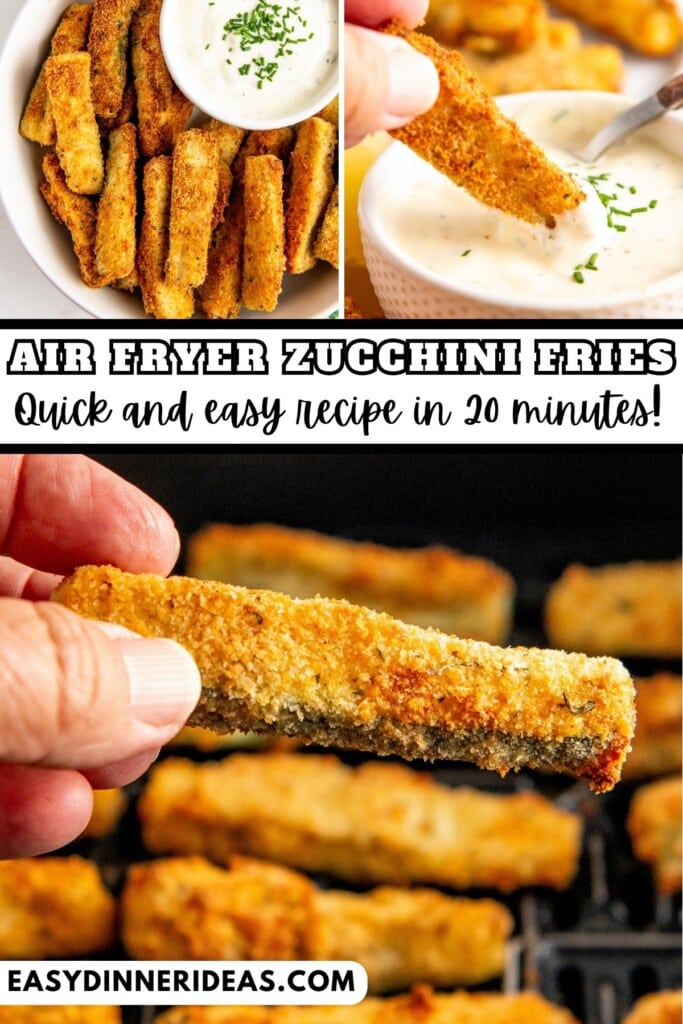 Air Fryer Zucchini Fries being lifted out of an air fryer basket and dunked into a bowl of ranch dressing.
