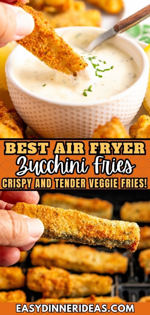 Air Fryer Zucchini Fries in an air fryer basket and being dunked into a bowl of ranch dressing.
