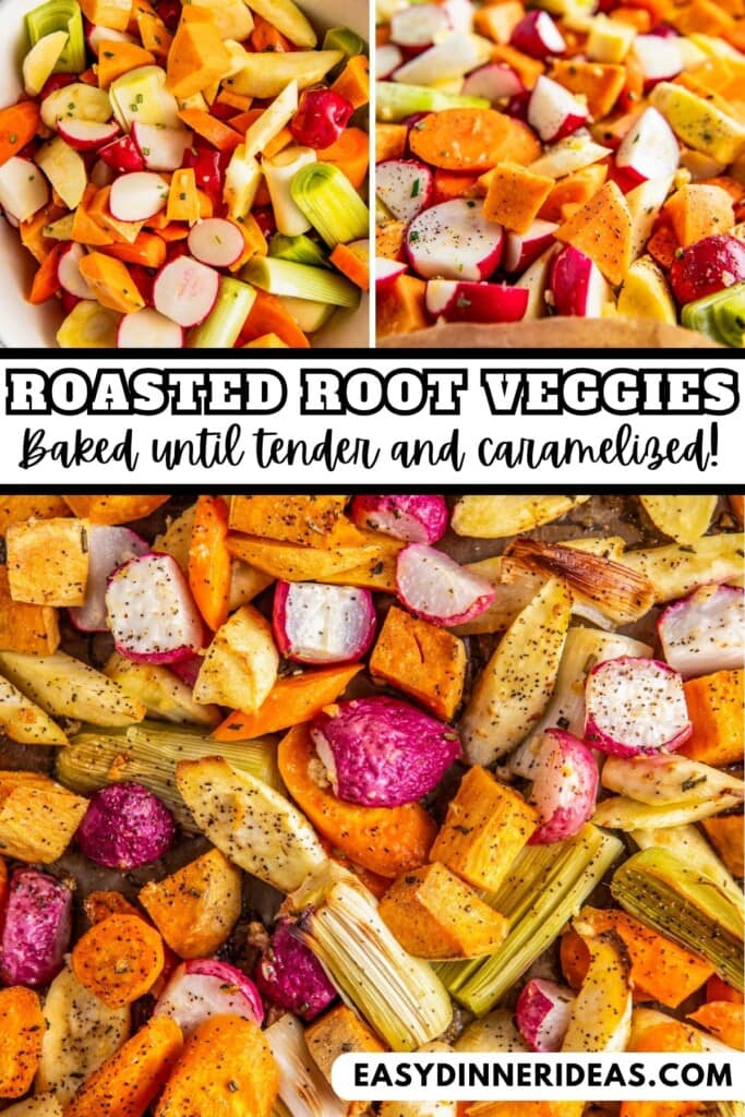 Roasted root vegetables in a bowl and on a baking sheet.