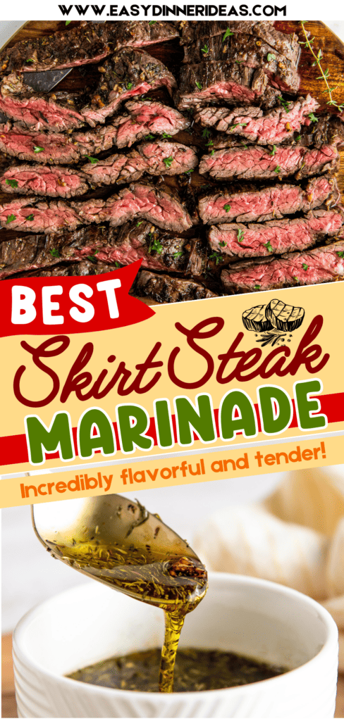 Sliced skirt steak and a bowl of skirt steak marinade with spoon pouring the sauce.
