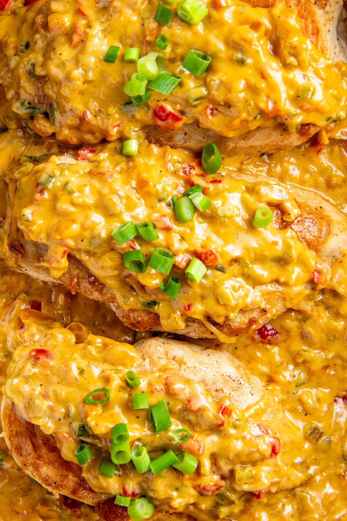 Close-up of chicken breasts cooked with a Cajun cream sauce.