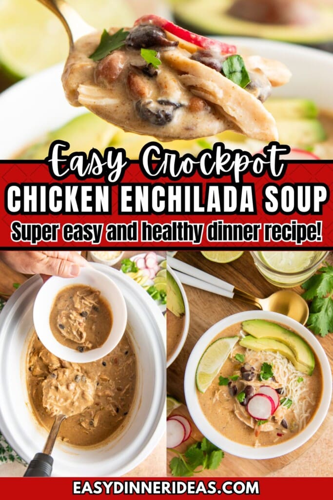 Slow cooker chicken enchilada soup being served with a ladle into a bowl.