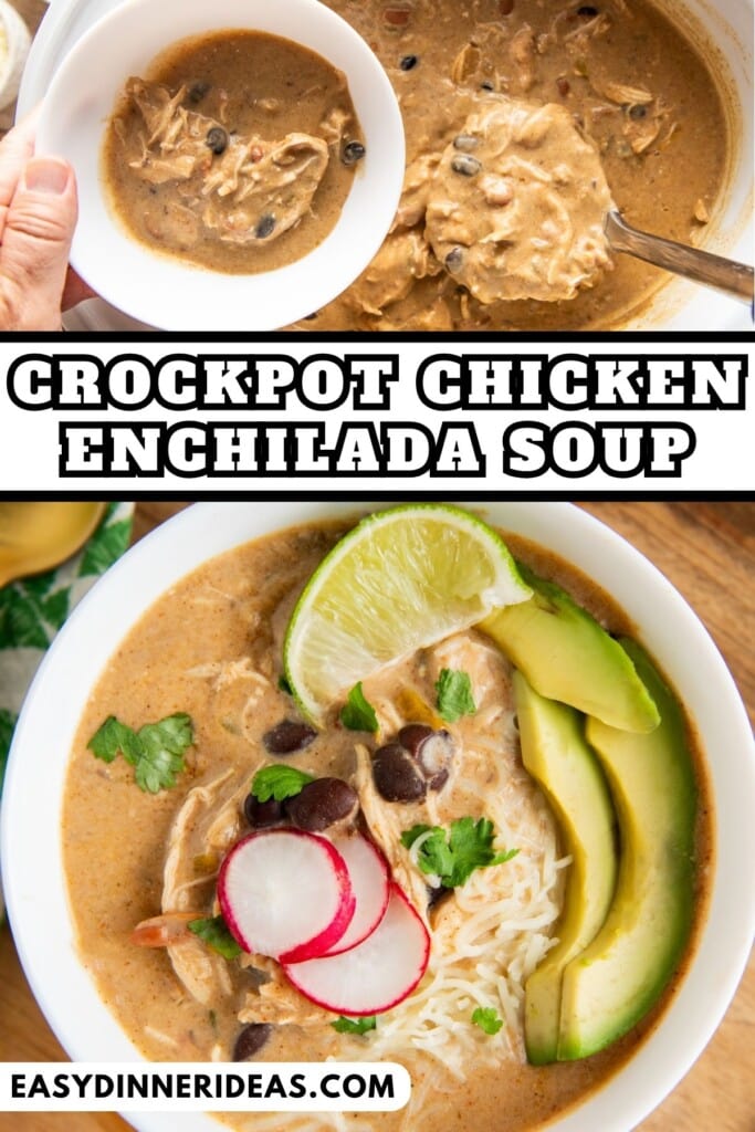 Crockpot chicken enchilada soup with a ladle scooping out a serving of soup into a bowl.