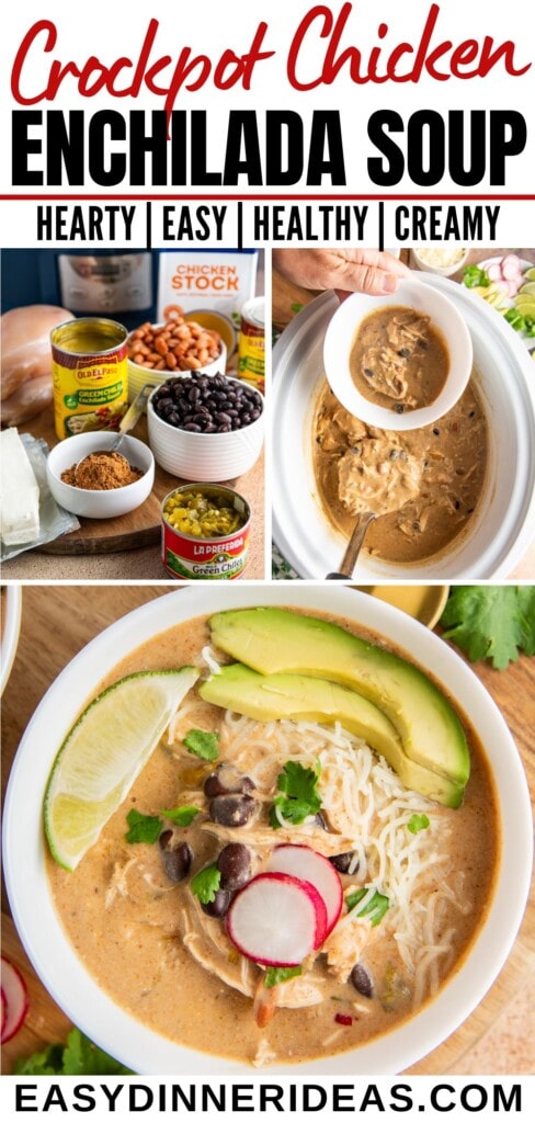 Ingredients arranged on a cutting board, soup in a slow cooker and a bowl of crock pot chicken enchilada soup.