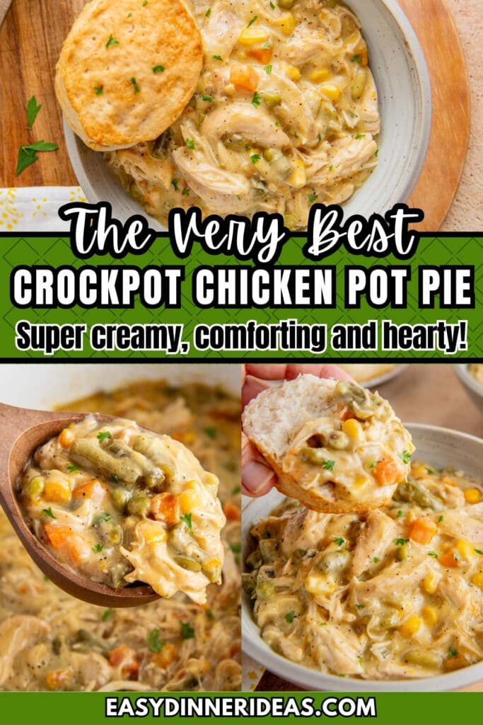 Chicken pot pie in a crockpot with a wooden spoon scooping up a serving and a serving in a bowl with a biscuit on top.