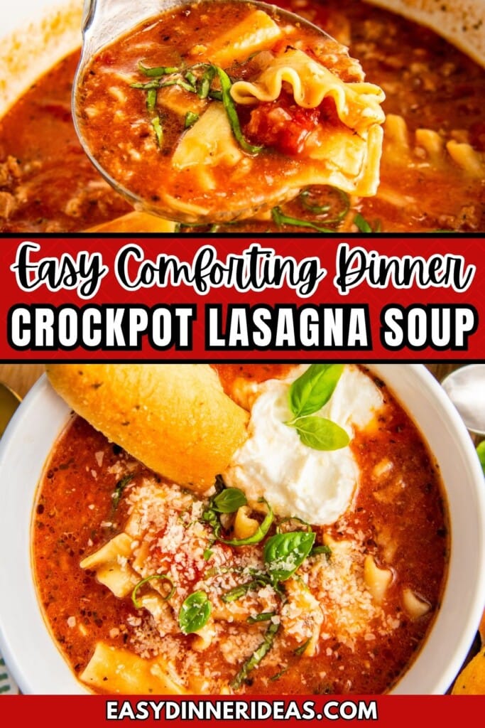 A bowl of Crockpot Lasagna Soup with a breadstick stuck in it.