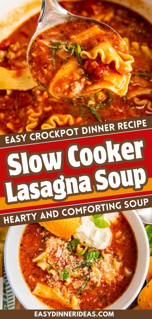 Slow cooker lasagna soup being lifted out of a pot with a ladle and in a bowl with fresh herbs.
