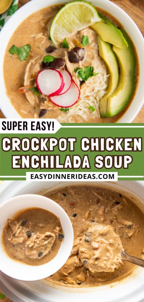 A ladle scooping out a serving of crockpot chicken enchilada soup into a bowl.