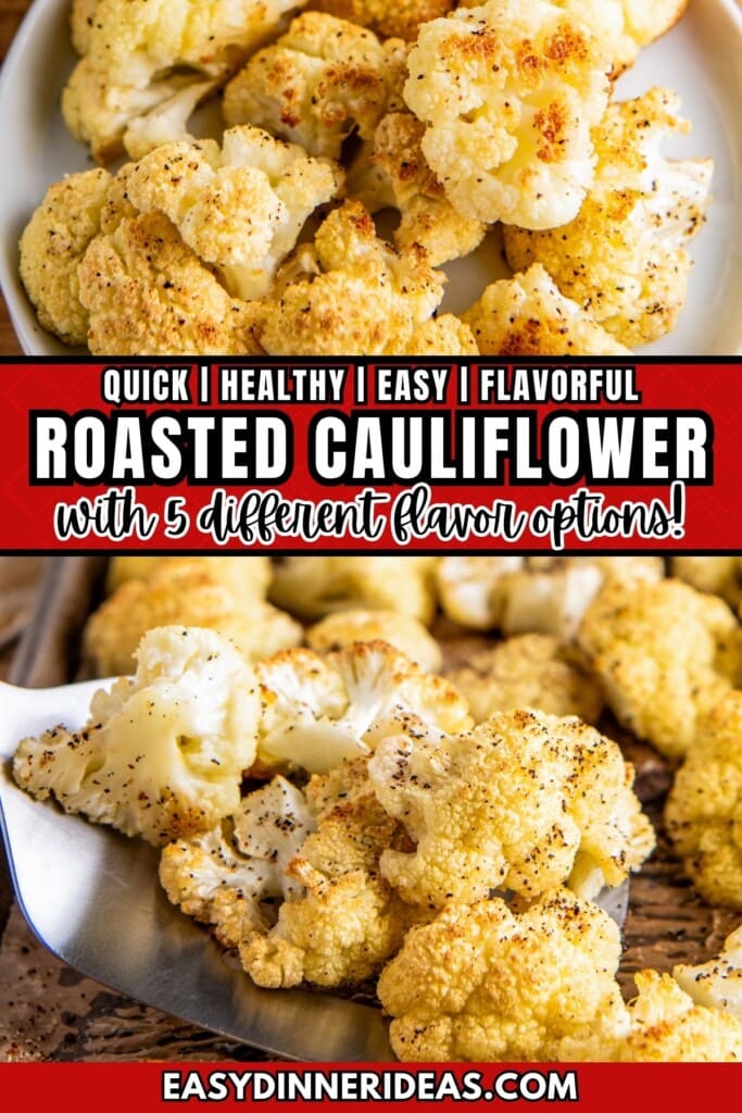 Roasted cauliflower on a baking sheet with a spatula scooping up a serving and a plate of cauliflower.