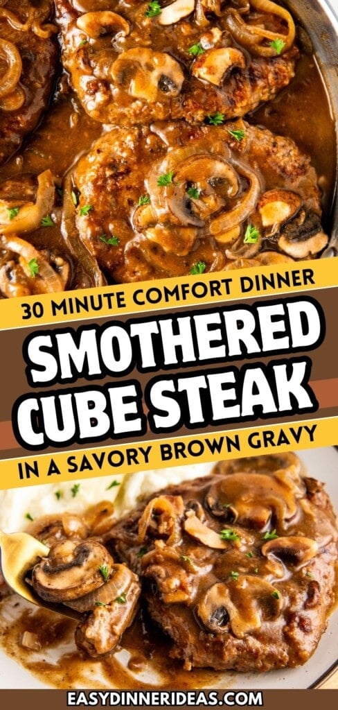 Smothered steak with brown gravy in a skillet and on a plate with a fork cutting a bite.