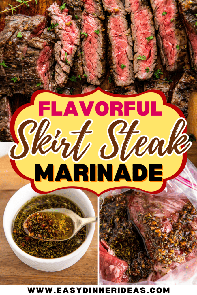 Skirt steak sliced into pieces and a bag of skirt steak marinade with steak being added.