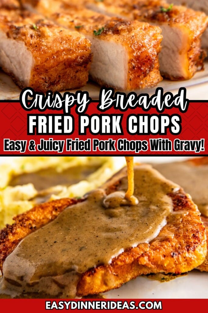 Fried pork chops sliced into pieces and being topped with brown gravy.