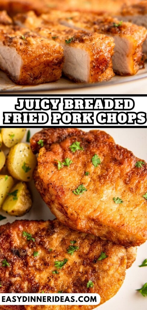 Fried pork chops on a plate and sliced into pieces.