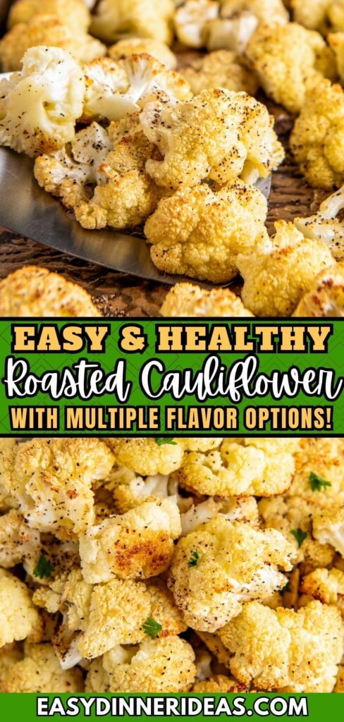 Roasted Cauliflower on a sheet pan and in a bowl.