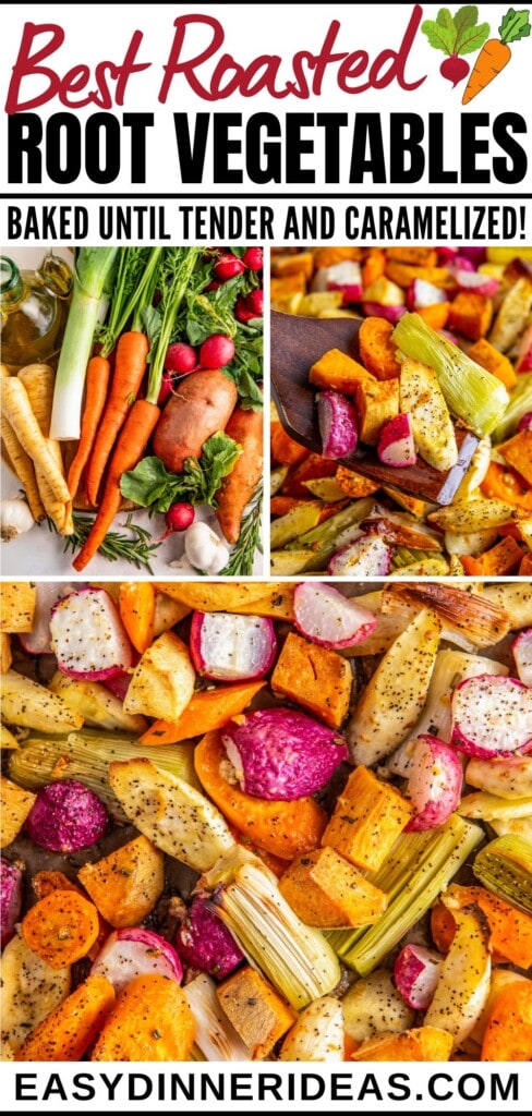 Root vegetables arranged on a cutting board and roasted on a baking sheet.