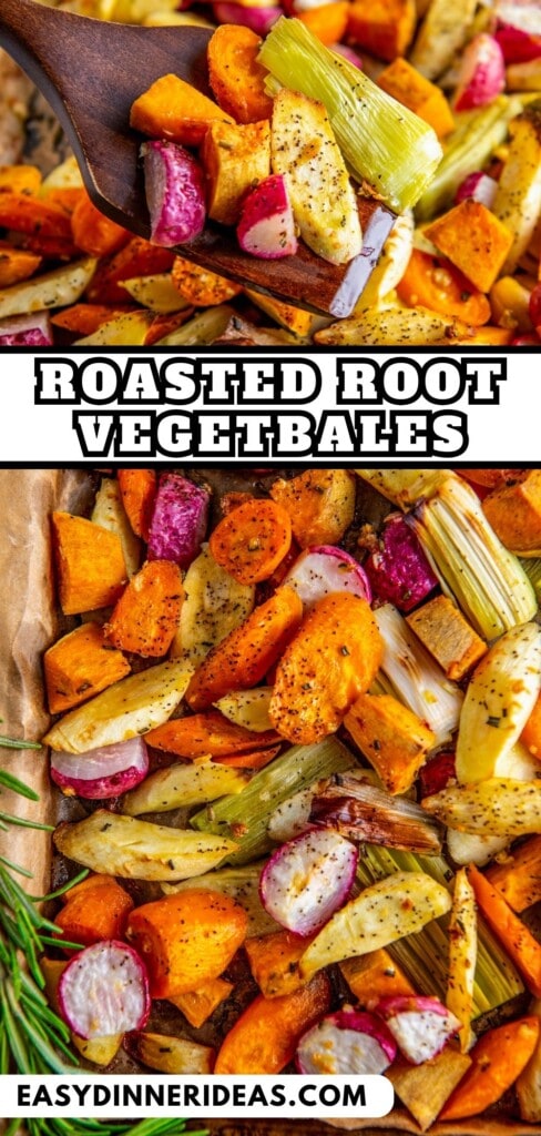 Roasted root vegetables on a baking sheet with a wooden spatula scooping some up.