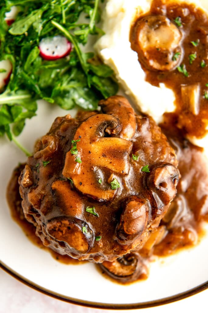 Salisbury steak smothered in brown mushroom gravy.