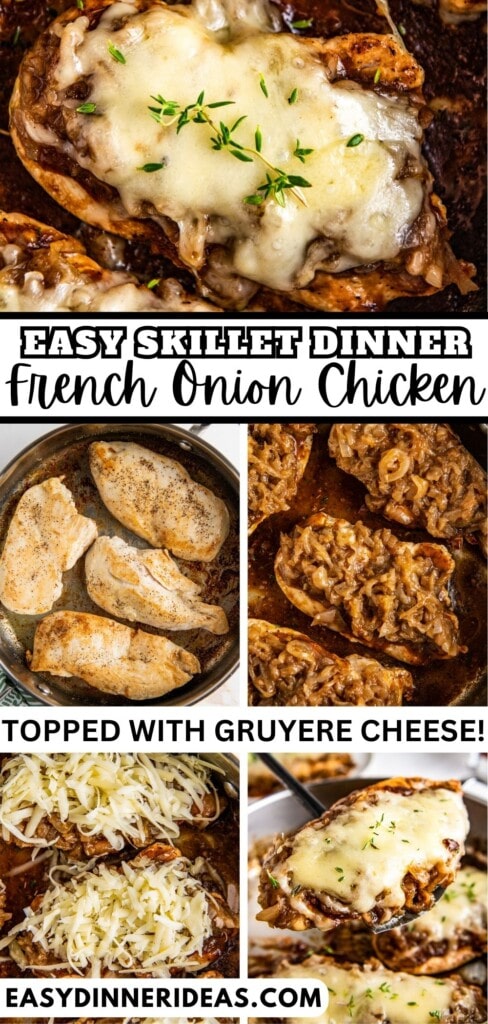 French onion chicken being cooked in a skillet and served with a spatula.