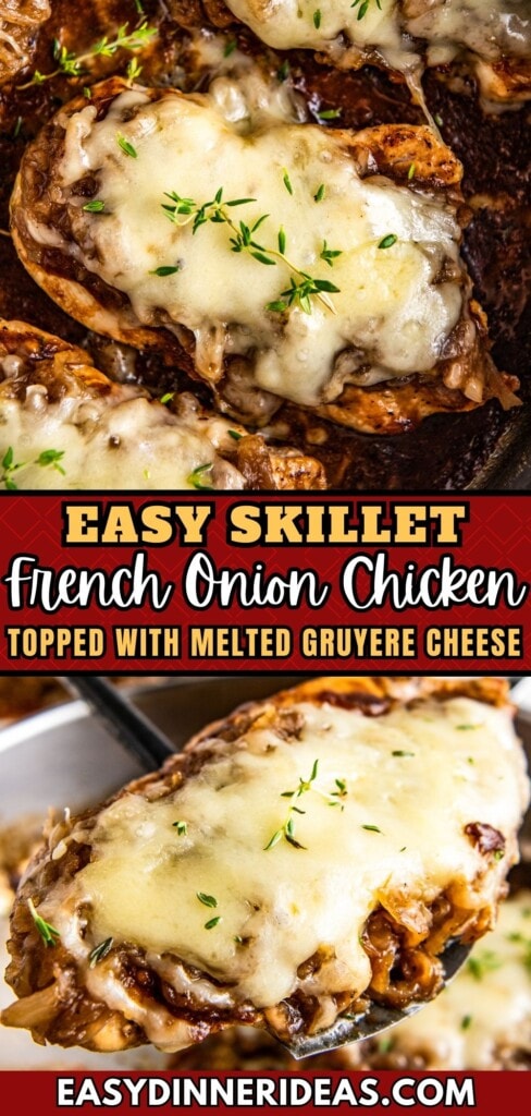 French onion chicken in a skillet and on a spatula.
