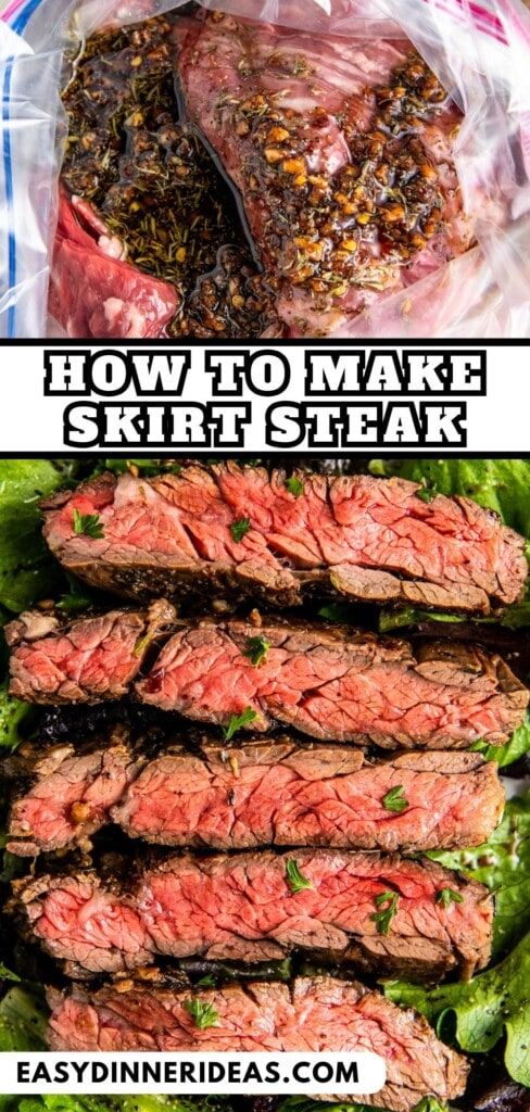 Skirt steak in marinade and sliced skirt steak.