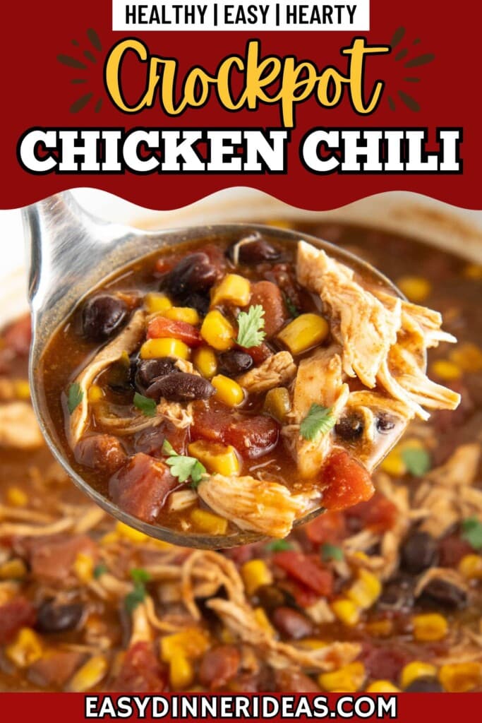 A ladle scooping up a serving of Crockpot Chicken Chili.