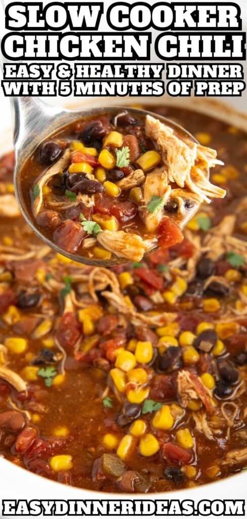 Crockpot Chicken Chili in a slow cooker with a ladle scooping out a serving.