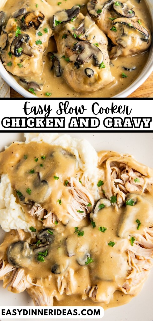 Crockpot chicken and gravy on a plate with mashed potatoes.
