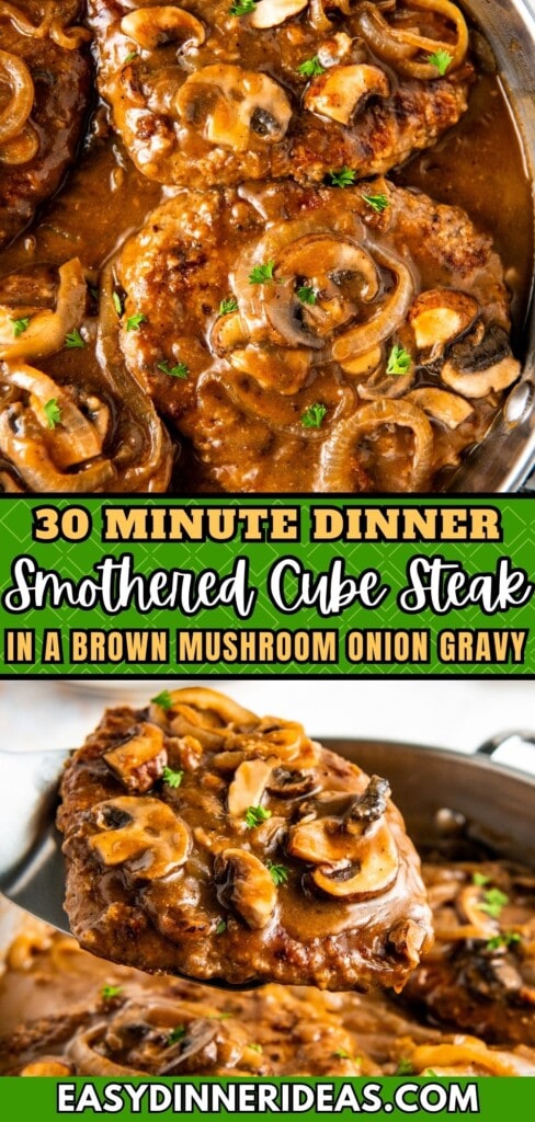 Smothered Cube Steak in a skillet and being lifted with a spatula.