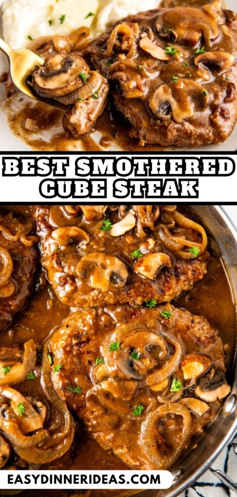 Smothered cube steak with mushrooms and onions in a skillet.