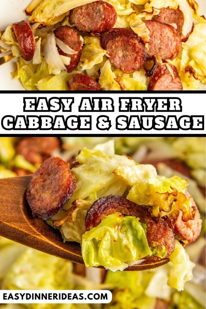 A wooden spoon scooping a serving of fried cabbage and sausage out of an air fryer basket.