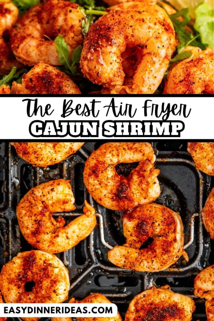 Air fryer cajun shrimp in an air fryer basket and served over a bed of greens.